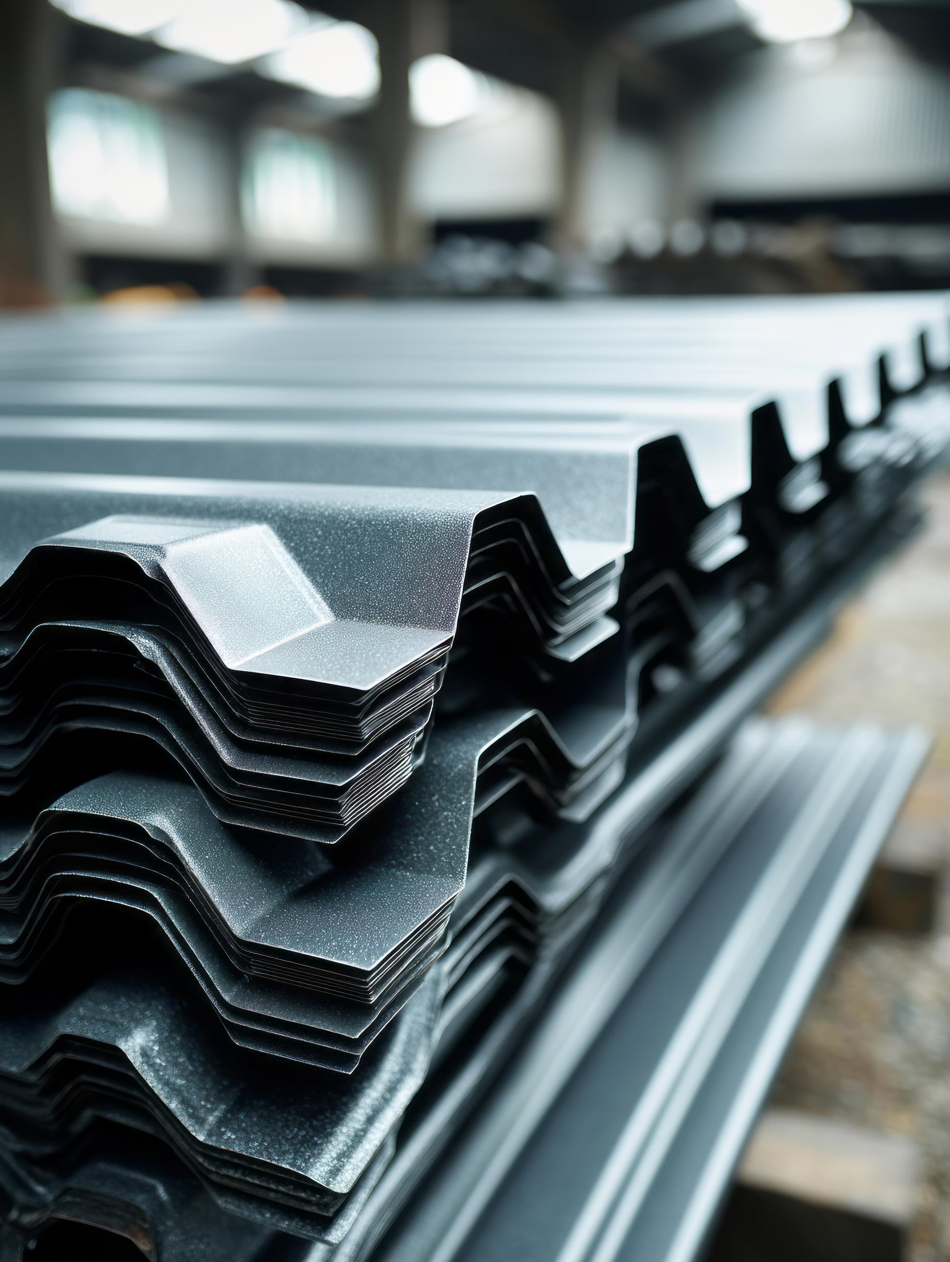 Stack of metal roofing sheets in warehouse, building materials ready for construction. Heavy-duty sheet metal storage racks for commercial use